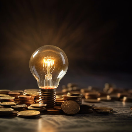 Light bulb and coins on dark background. Idea and success concept.の素材