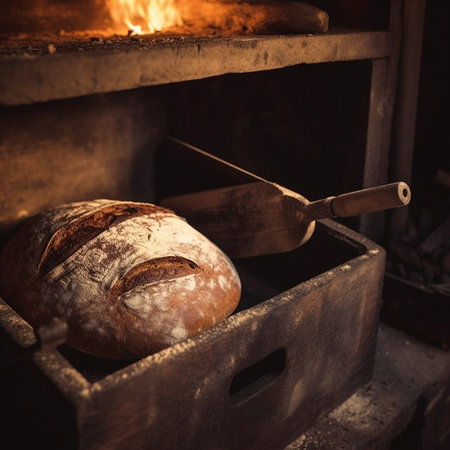 Bread in the oven. Bakery concept. Vintage style.の素材