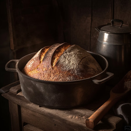 Freshly baked homemade bread in a cast-iron pan on a rustic wooden backgroundの素材