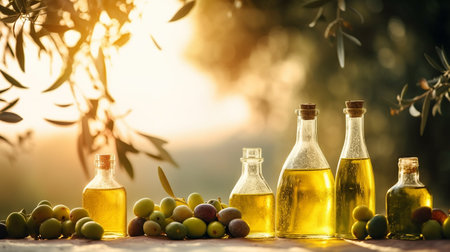 olive oil in bottles and green olives on wooden table outdoorの素材
