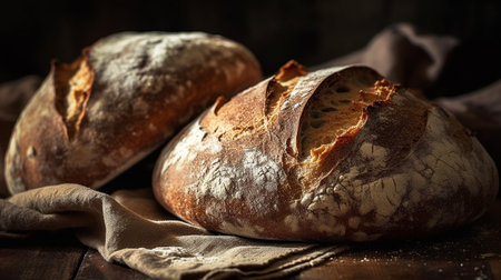 Freshly baked bread on a wooden table. Select focus.の素材