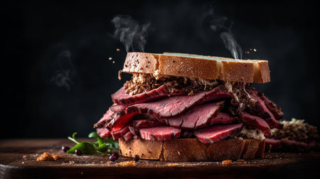 Sandwich with roast beef on a dark background. Toned.の素材