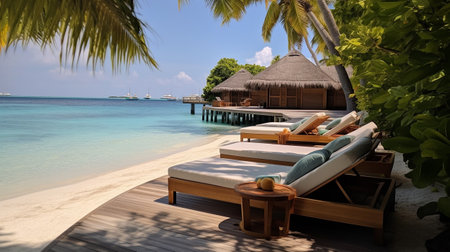 Beach chairs on a tropical island with palm trees, Maldivesの素材