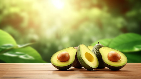 Avocado fruit on wooden table and green leaves background with copy spaceの素材