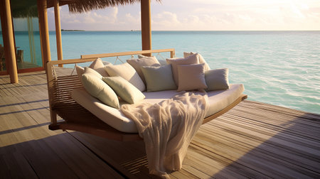 Sofa with pillows on the beach in Maldives.の素材