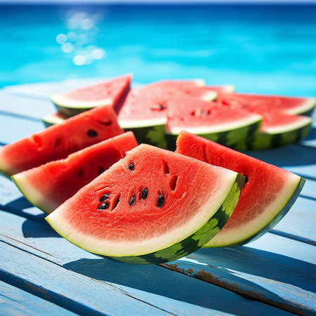 Slices of watermelon on blue wooden table by swimming poolの素材