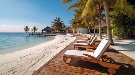 Wooden deck chairs on a tropical beach.の素材
