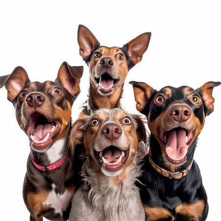 Group of happy dogs isolated on a white background. Studio shot.の素材