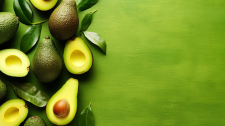 Avocado with leaves on green background. Top view with copy spaceの素材
