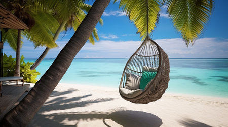 Hammock on a tropical beach with palm treesの素材