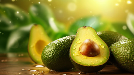 Fresh ripe avocados with leaves on wooden table, closeupの素材