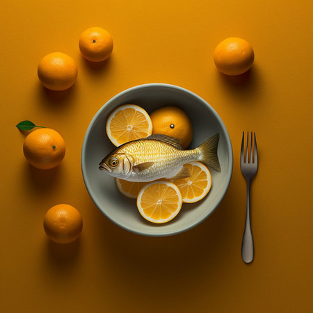 Top view of fresh raw fish with lemon and orange on orange backgroundの素材