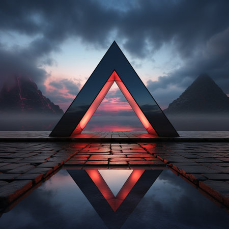 Futuristic landscape with red triangle and pyramids in the backgroundの素材