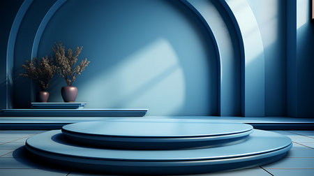 3d render of blue podium with vase in the room.の素材
