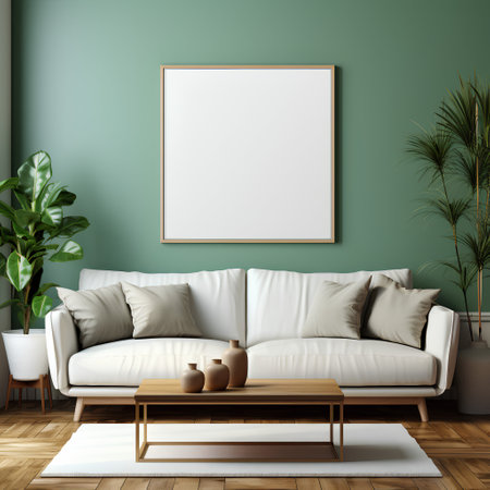 Interior of modern living room with green walls, wooden floor, white sofa and vertical mock up poster frame. 3d renderingの素材