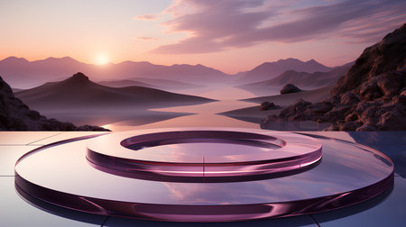3d render of a fantasy landscape with a round podium in the foregroundの素材