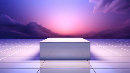 3D render of white podium on the background of the sunset skyの素材