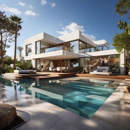 3d rendering of modern cozy house with poolの素材