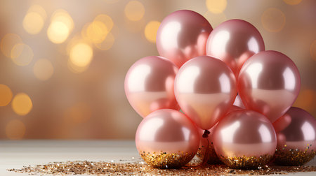 Holiday background with pink balloons and golden confetti. 3d renderingの素材