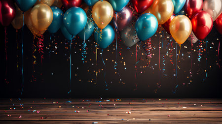 Colorful balloons with confetti and ribbons on wooden background. 3D Renderingの素材