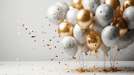Golden and silver balloons with confetti on white background. 3D Renderingの素材