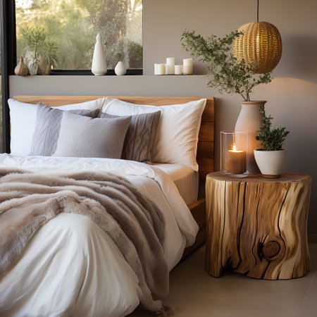 Interior of a modern bedroom with a wooden bed and a lamp. 3d renderingの素材