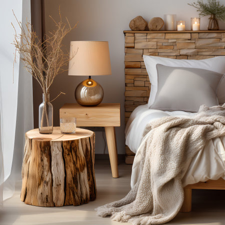 Stylish bedroom interior with wooden bed, pillows, plaid and lamp. 3d renderingの素材