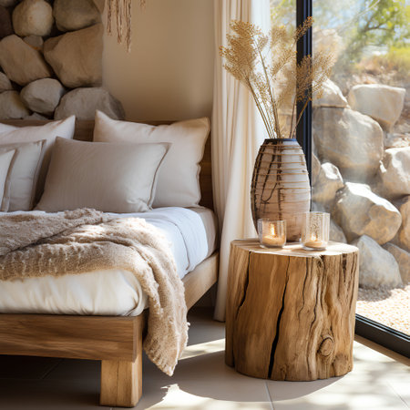 Cozy bedroom interior with bed, pillows, wooden bedside table and decorative elementsの素材