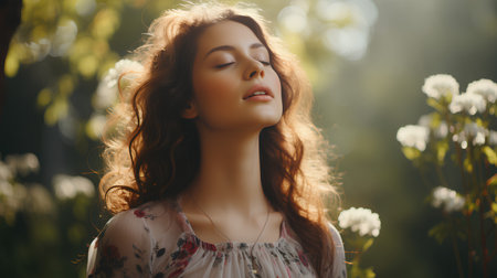 Portrait of a beautiful young woman with long curly red hair.の素材