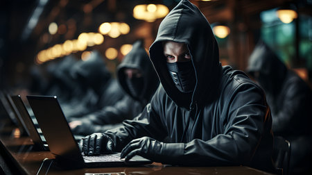 Hooded hackers using laptopの素材