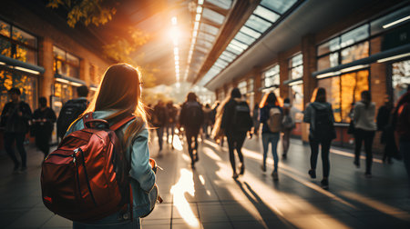 Back view of young woman with backpack walking in the schoolの素材
