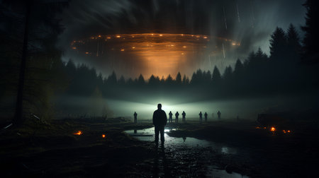 Silhouette of a man standing in front of an alien planet with fog in the backgroundの素材