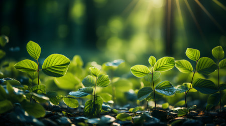 Green leaves in the forest with sunlight and lens flare. nature backgroundの素材