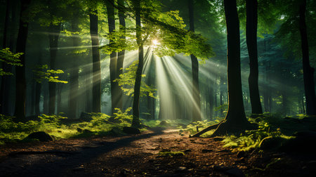 Misty morning in the forest with sun rays passing through the treesの素材