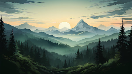 Mountain landscape with forest and high peaks at sunset. vector illustrationの素材