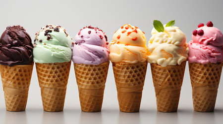 Ice cream cones with different flavors on gray background, close-upの素材