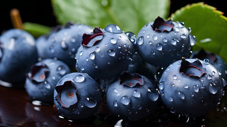 Fresh blueberries with water drops on dark background. Shallow dof.の素材