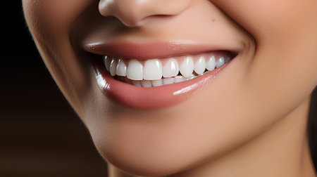 Closeup of beautiful young woman with healthy teeth, on dark backgroundの素材