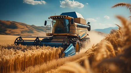 Combine harvester working on wheat field.の素材