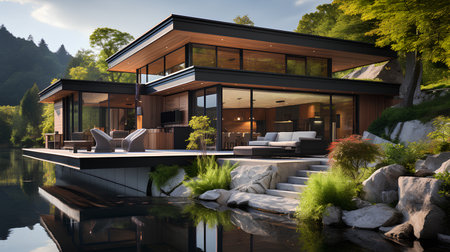 3d rendering of modern cozy house with pool and parking for sale or rent in luxurious style and beautiful landscaping on background.の素材