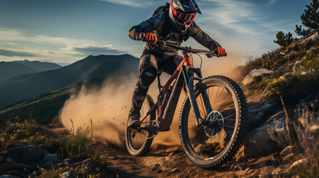Professional Cyclist Riding the Mountain Bike on the Rocky Trail. Extreme Sports Concept.の素材