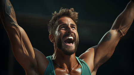 Portrait of a young man flexing his muscles in a gymの素材