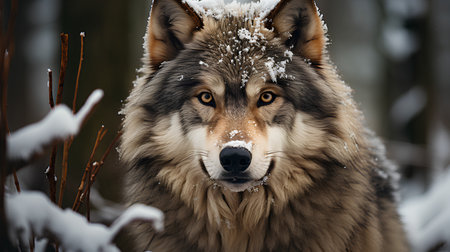 Portrait of a beautiful wolf in the winter forest. Animal portrait.の素材