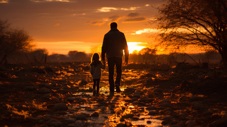Father and little daughter walking in the field at sunset. Happy family.の素材