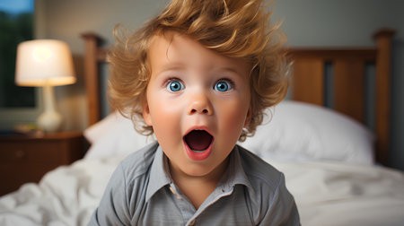 Portrait of a surprised baby boy on the bed at home.の素材