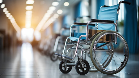 Wheelchair in hospital corridor. 3d rendering and blurred background.の素材