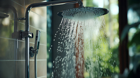 Shower head with water drops flowing out of it, blurred backgroundの素材