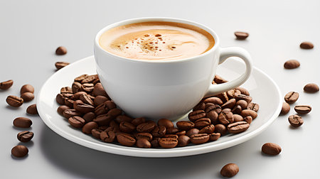 Cup of coffee with coffee beans on a white background. 3d renderingの素材