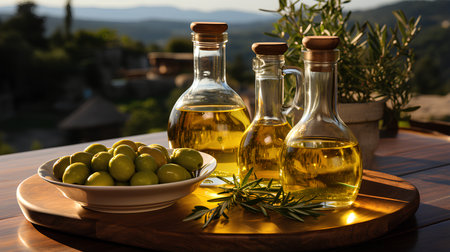 Olive oil, olives and rosemary on a wooden tableの素材
