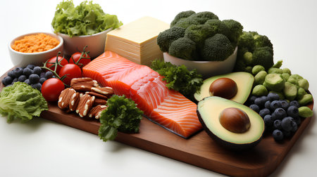 Healthy food. Balanced diet. Fish, meat, vegetables and fruitsの素材